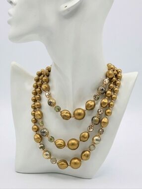 Vintage 60s Mid-Century Japan Triple Strand Gold Bead Necklace